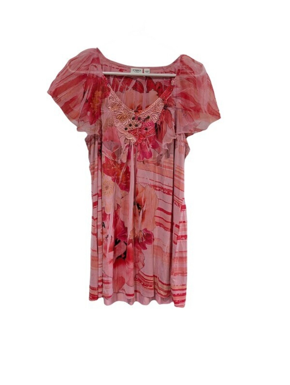 Cato Women's Floral Embellished Flutter Sleeve Tank Blouse Pink Plus Size 18-20W